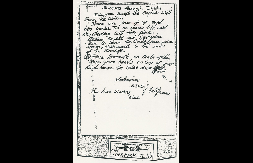 1. The first note that Roger Holder handed to a Western Airlines stewardess as Flight 701 approached Seattle on June 2, 1972. (FBI)